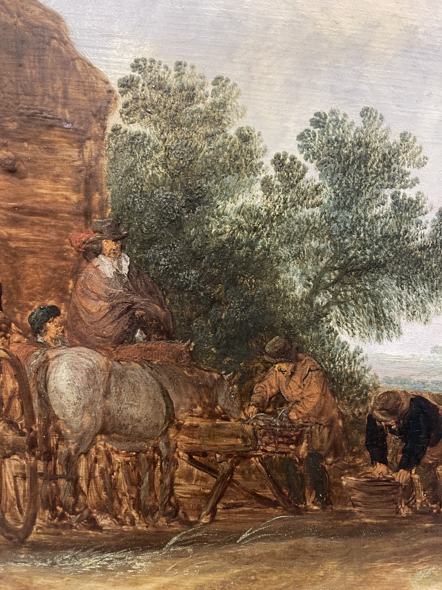 Entourage de Jan Van Goyen vers 1640 - 1650  ' LA DILIGENCE ' panneau chene-photo-8