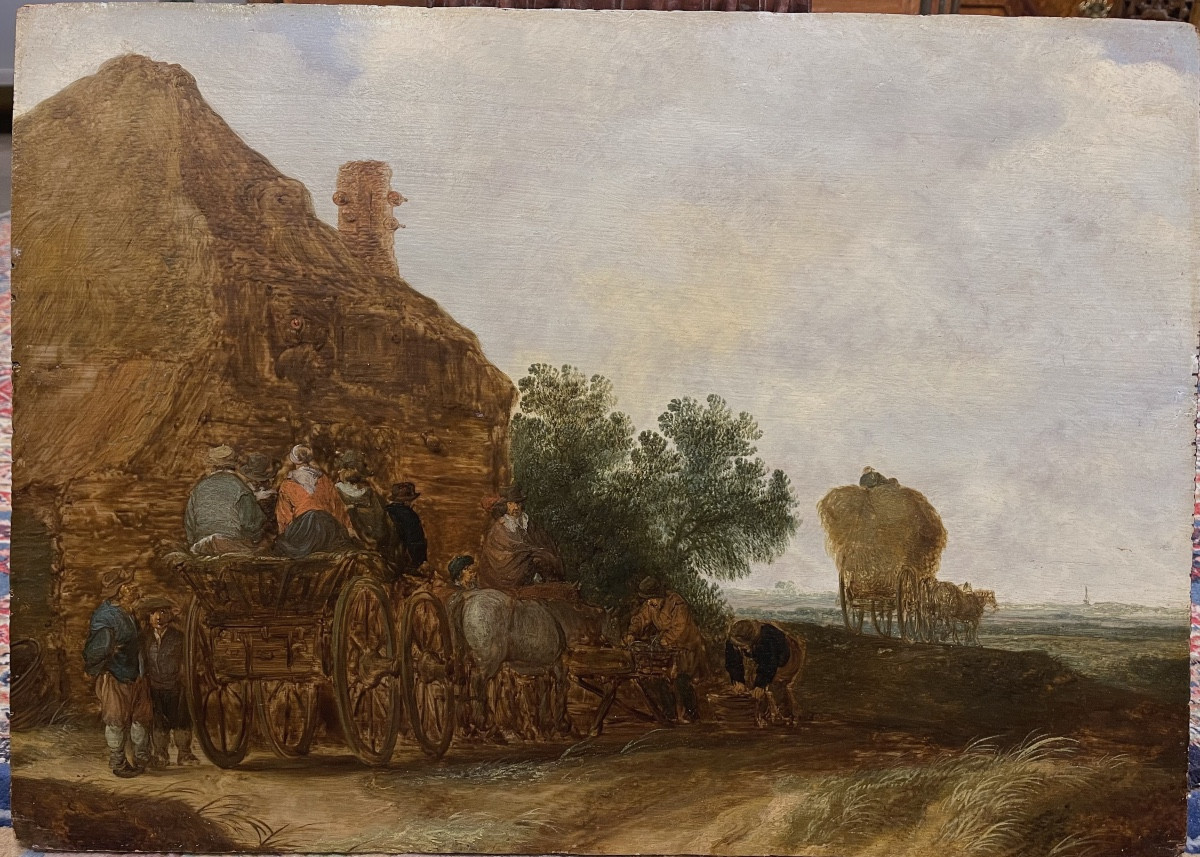 Entourage de Jan Van Goyen vers 1640 - 1650  ' LA DILIGENCE ' panneau chene