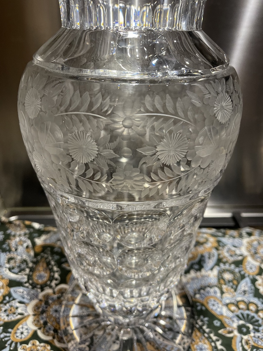 Val Saint Lambert Large Vase, 'wheel-engraved Decoration' Of Flowers And Garlands, Circa 1900-photo-2