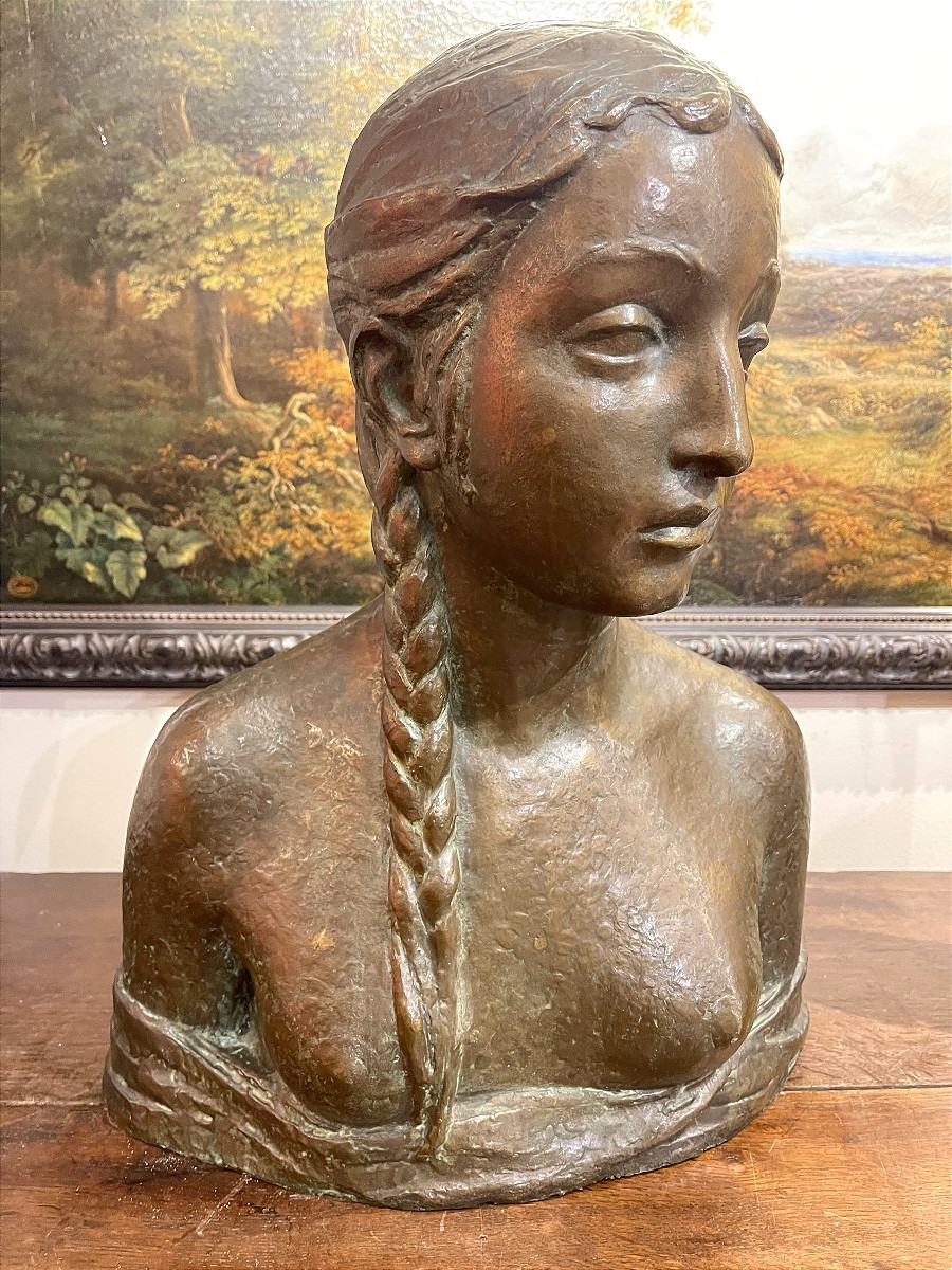 Corrado Vigni  ( 1888 - 1956 ) buste cire perdue  jeune femme seins dénudés , pré - renaissance