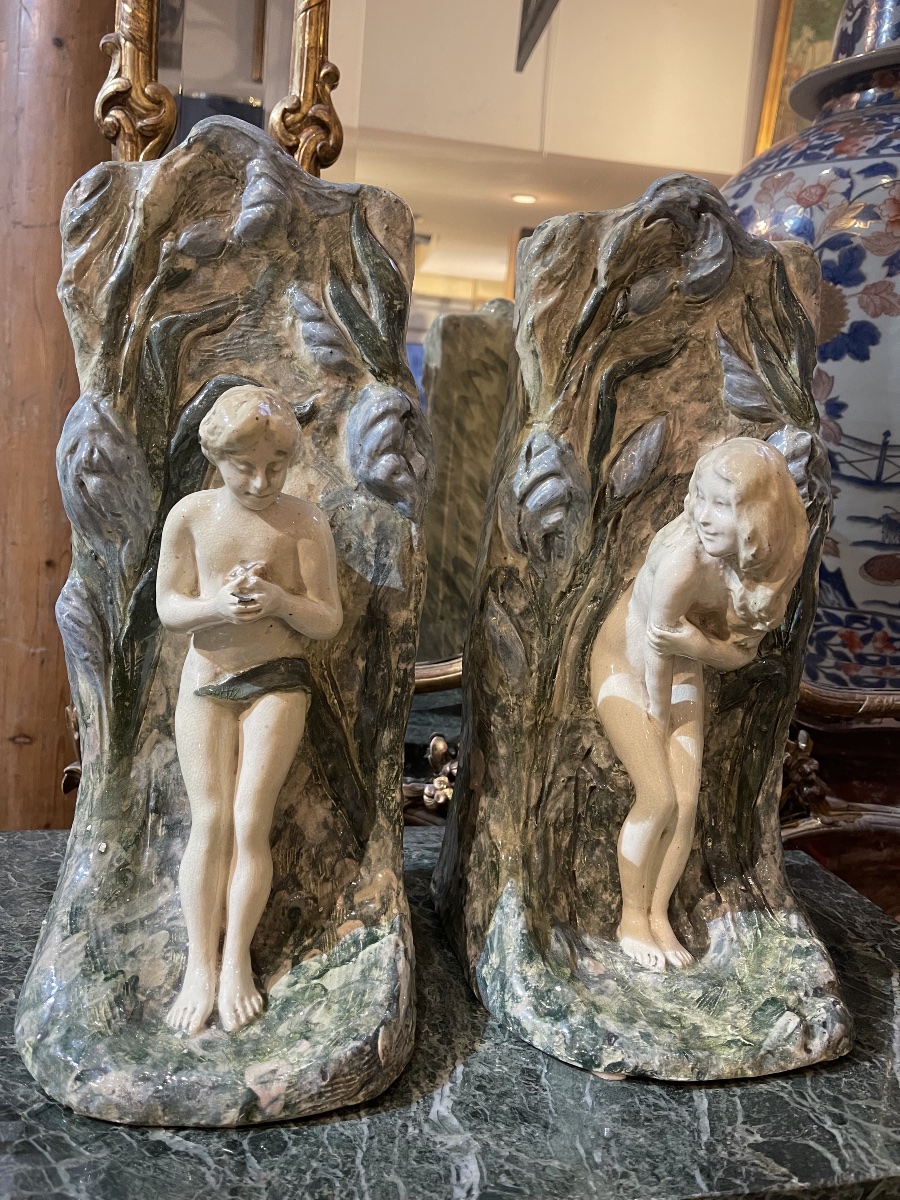 attribué à Georges Van der Straeten 1856 - 1941  ' terre  de pipes faïencée' paire artisanale -photo-4