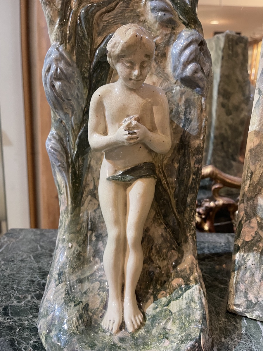 attribué à Georges Van der Straeten 1856 - 1941  ' terre  de pipes faïencée' paire artisanale -photo-6
