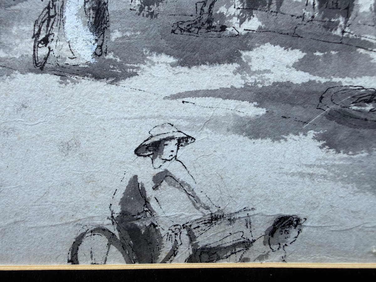 Pham Luc 1943 peintre né à Hue  , encre et aquarelle rue animée -photo-2