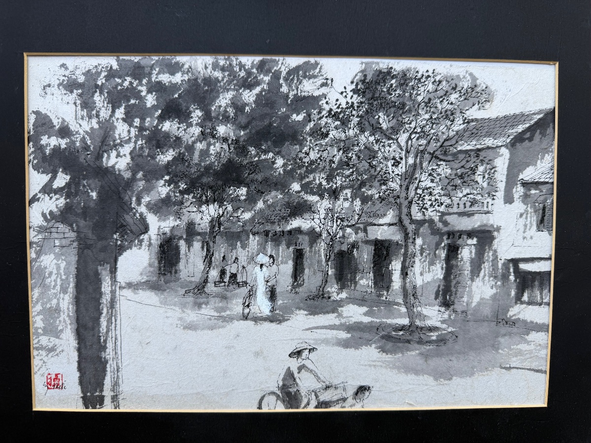 Pham Luc 1943 peintre né à Hue  , encre et aquarelle rue animée -photo-3