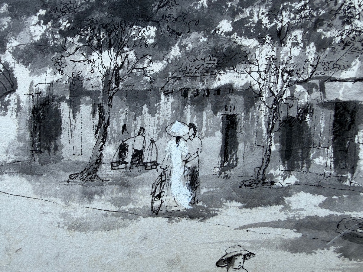 Pham Luc 1943 peintre né à Hue  , encre et aquarelle rue animée -photo-4