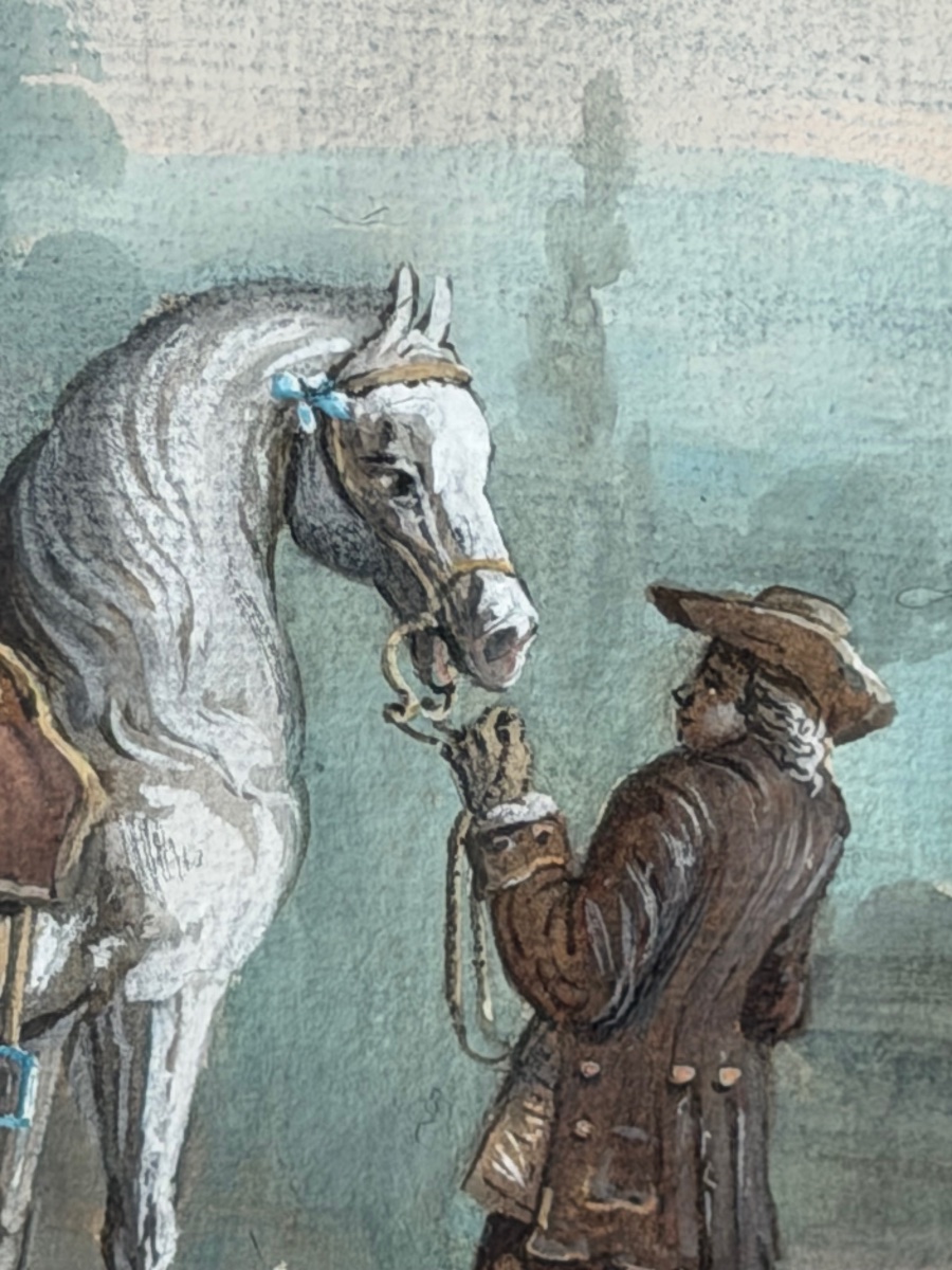 Sceau de chevalerie vert au dos [ Gouache la halte de la chasse au faucon vers 1760 - 1770 -photo-2