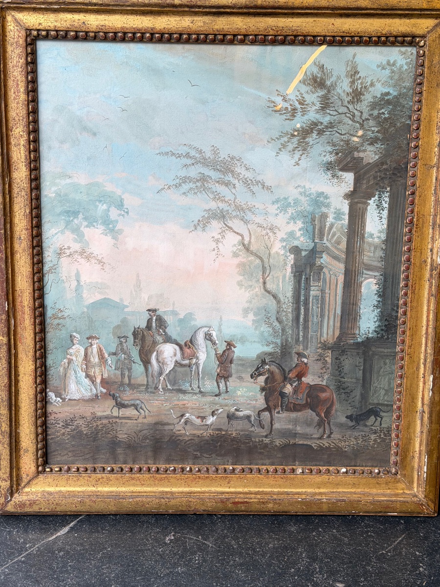 Sceau de chevalerie vert au dos [ Gouache la halte de la chasse au faucon vers 1760 - 1770 -photo-3