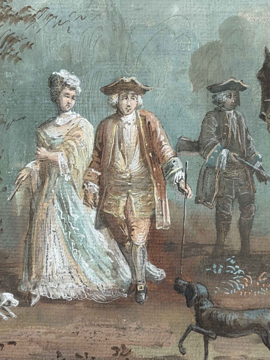 Sceau de chevalerie vert au dos [ Gouache la halte de la chasse au faucon vers 1760 - 1770 -photo-4