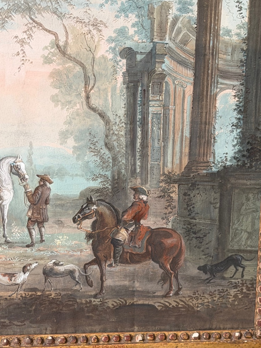 Sceau de chevalerie vert au dos [ Gouache la halte de la chasse au faucon vers 1760 - 1770 -photo-1