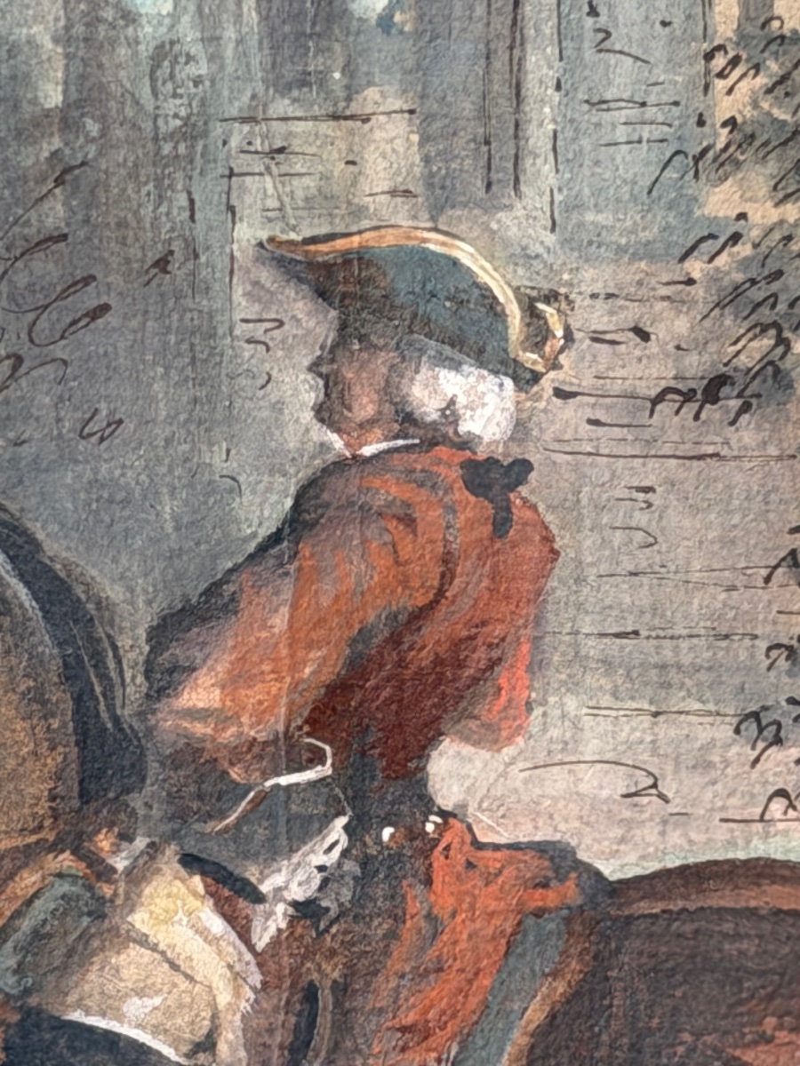 Sceau de chevalerie vert au dos [ Gouache la halte de la chasse au faucon vers 1760 - 1770 -photo-2