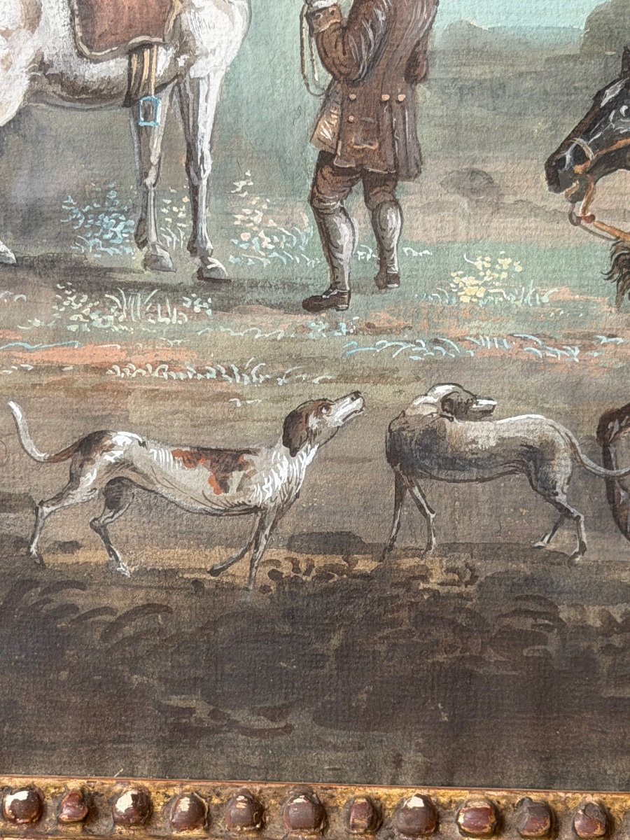 Sceau de chevalerie vert au dos [ Gouache la halte de la chasse au faucon vers 1760 - 1770 -photo-4