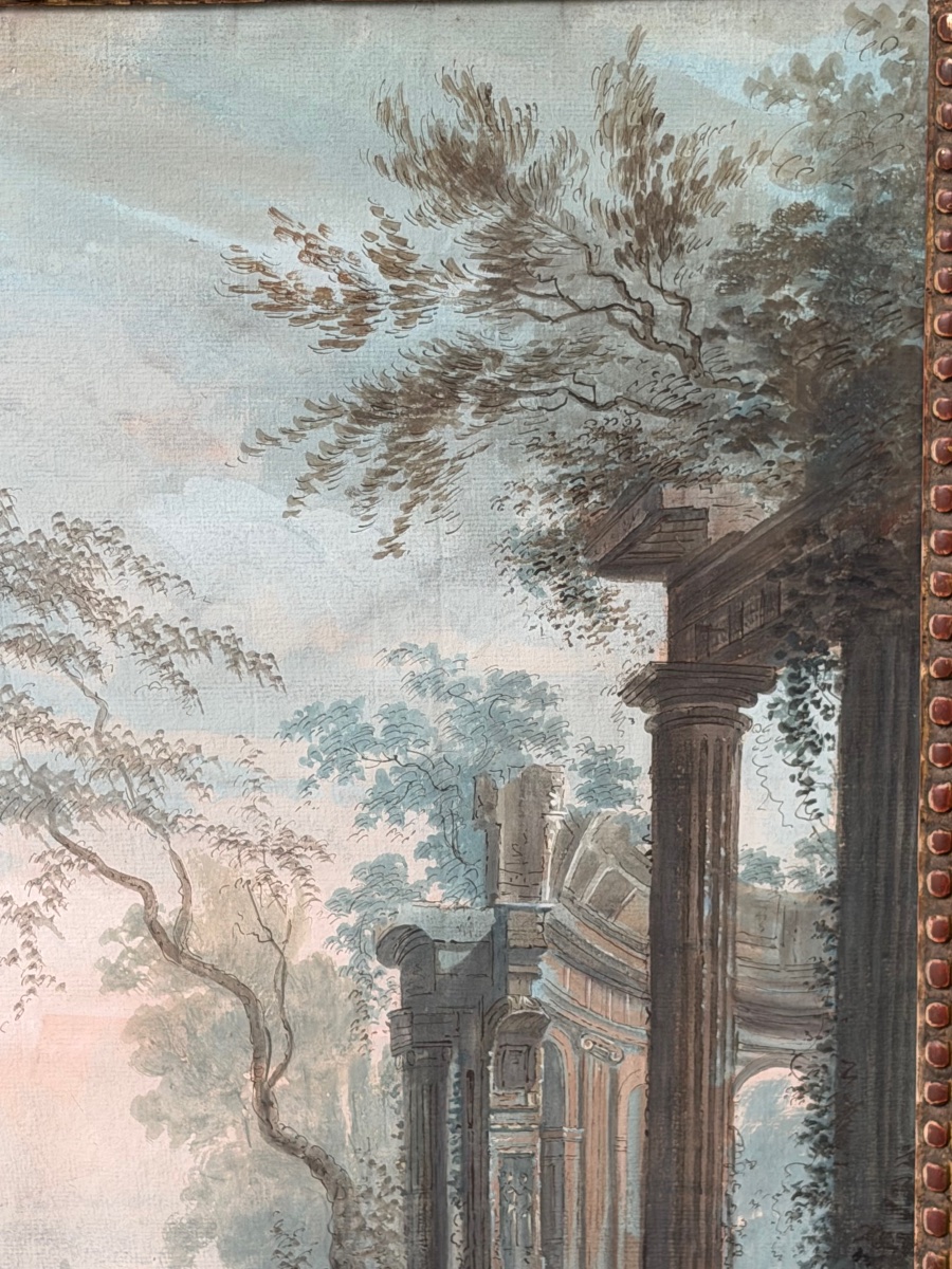 Sceau de chevalerie vert au dos [ Gouache la halte de la chasse au faucon vers 1760 - 1770 -photo-5