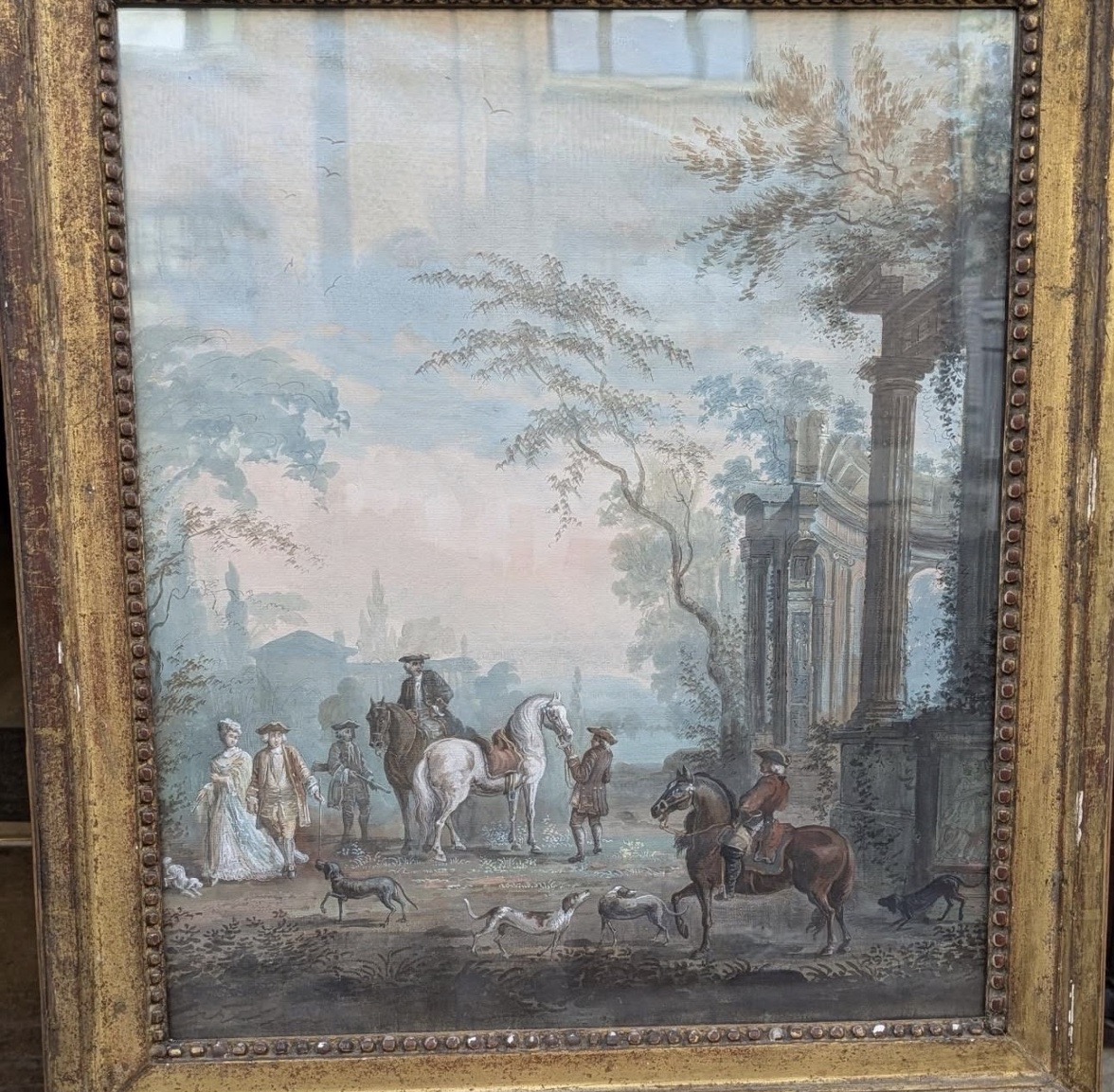 Sceau de chevalerie vert au dos [ Gouache la halte de la chasse au faucon vers 1760 - 1770 -photo-6