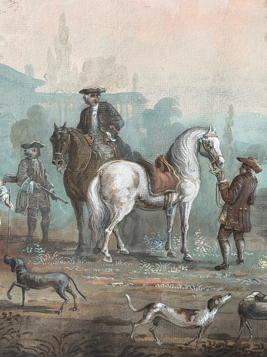 Sceau de chevalerie vert au dos [ Gouache la halte de la chasse au faucon vers 1760 - 1770 -photo-8