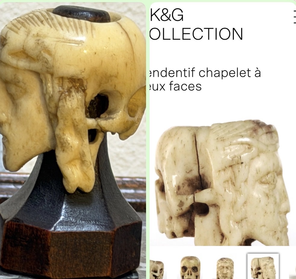 Perle de chapelet Allemagne deux faces en os  MÉMENTO MORI  ( Christ et Crâne ) XVI es  , -photo-6