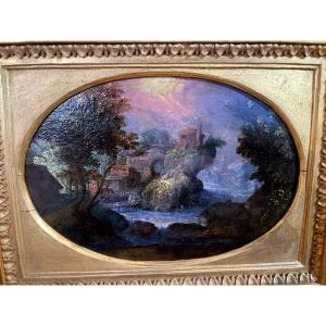 entourage de Paul BRIL (c.1553/54-1626) Paysage Fantastique des maisons champignons , cuivre