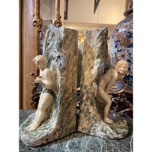 attribué à Georges Van der Straeten 1856 - 1941 ' terre de pipes faïencée' paire artisanale