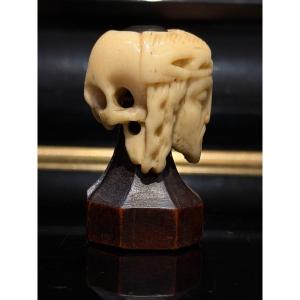 Perle de chapelet Allemagne deux faces en os MÉMENTO MORI ( Christ et Crâne ) XVI es ,