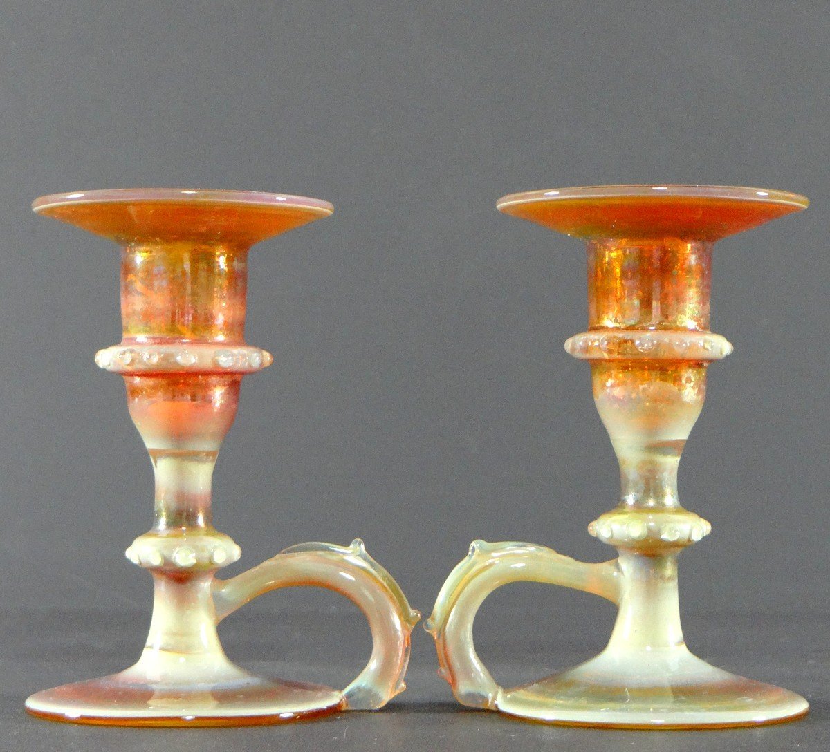 Italy, Most Probably Venice, 1950s, Pair Of Iridescent Blown Glass Candlesticks.-photo-2