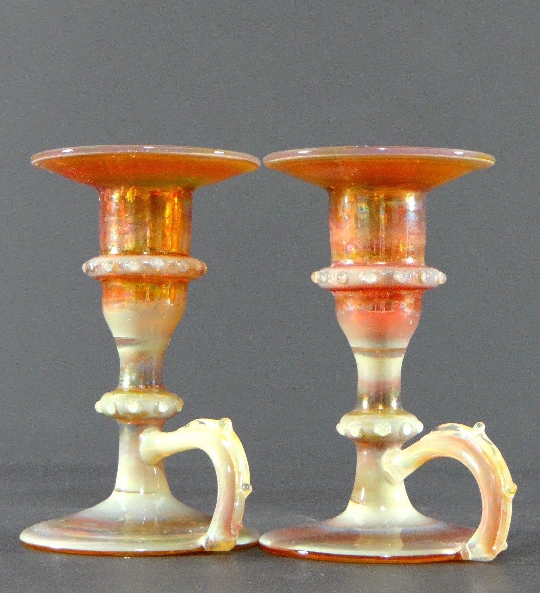 Italy, Most Probably Venice, 1950s, Pair Of Iridescent Blown Glass Candlesticks.-photo-3