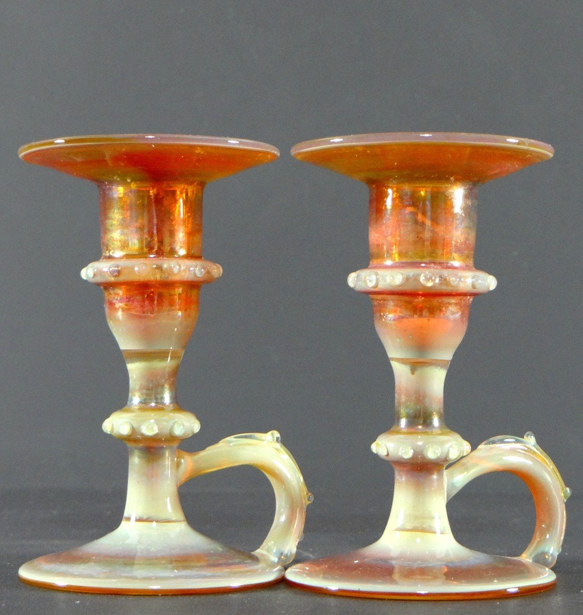 Italy, Most Probably Venice, 1950s, Pair Of Iridescent Blown Glass Candlesticks.-photo-4