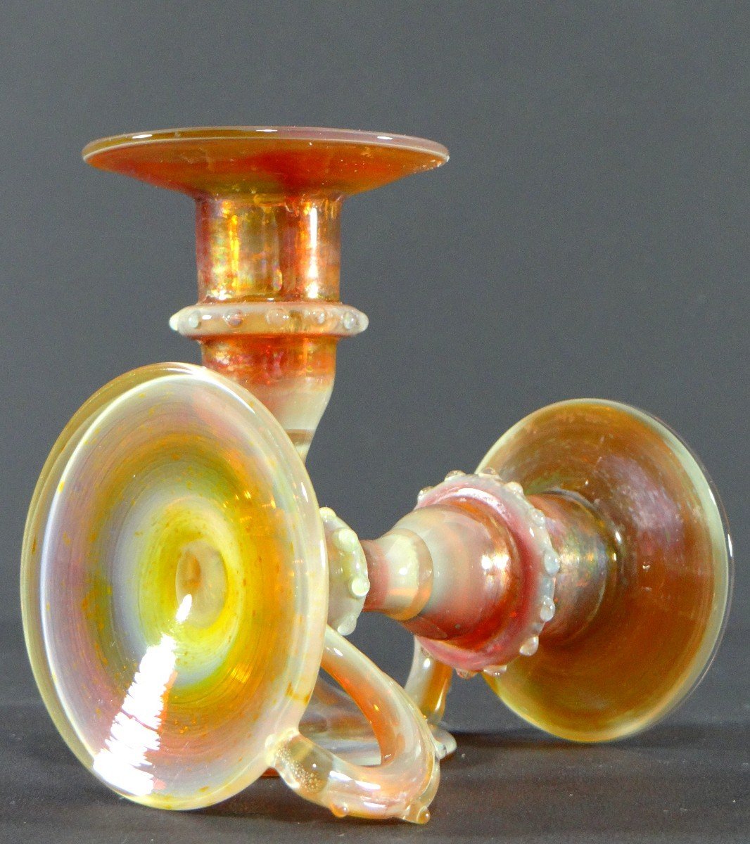 Italy, Most Probably Venice, 1950s, Pair Of Iridescent Blown Glass Candlesticks.-photo-1