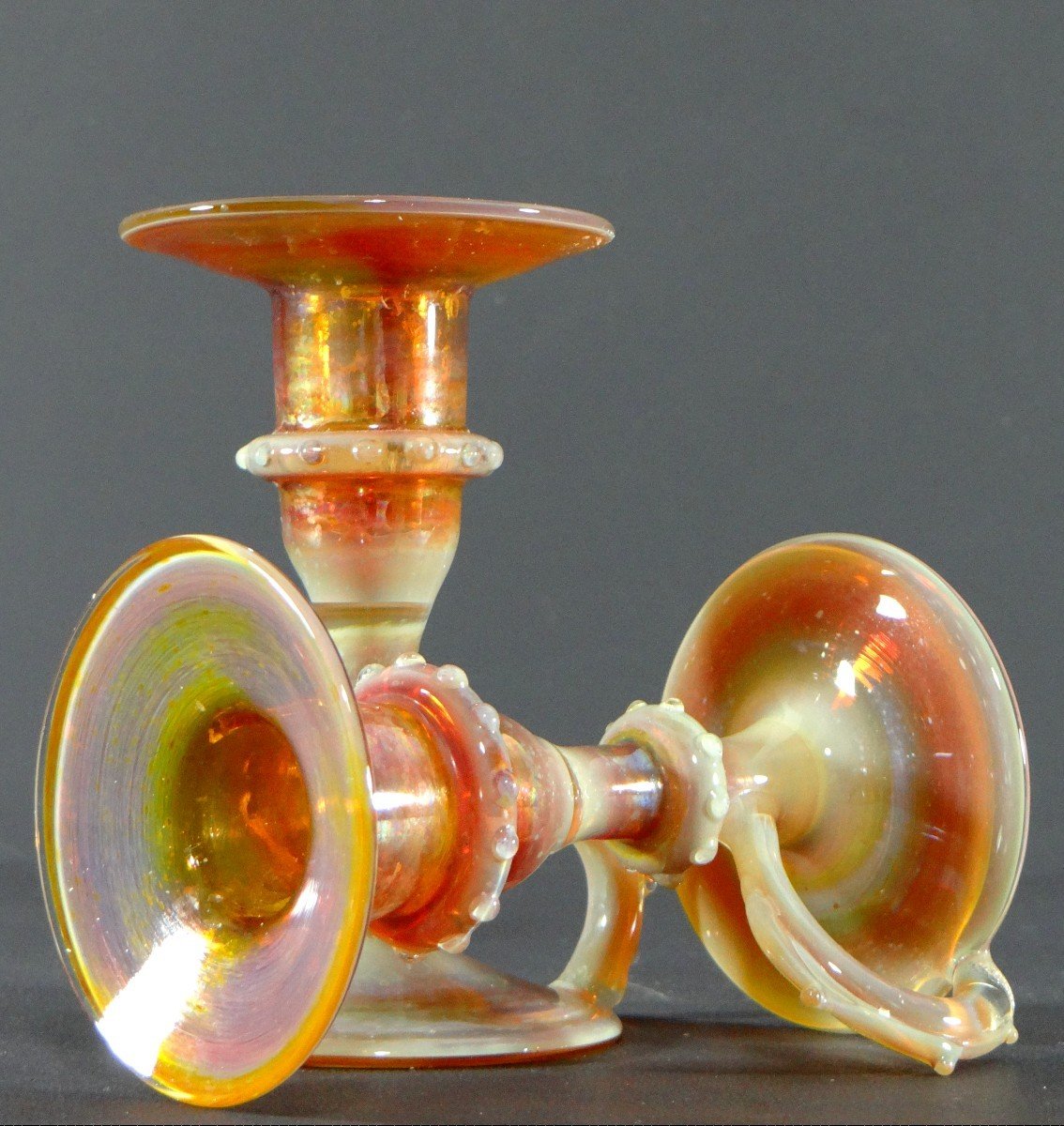 Italy, Most Probably Venice, 1950s, Pair Of Iridescent Blown Glass Candlesticks.-photo-3