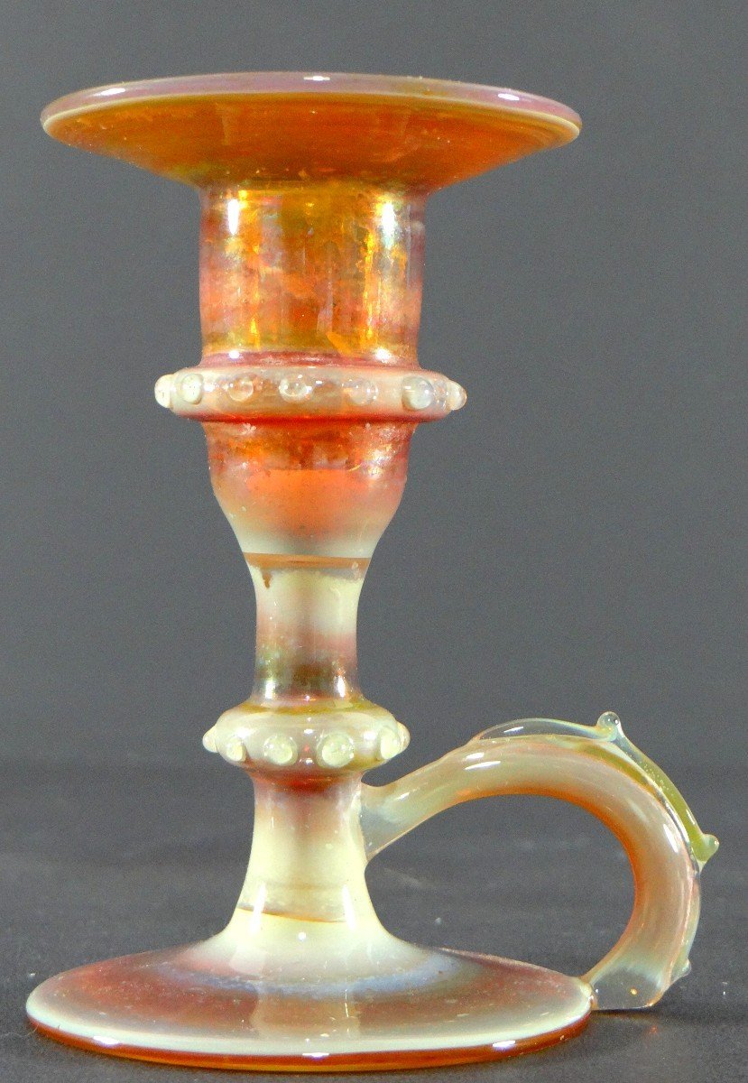 Italy, Most Probably Venice, 1950s, Pair Of Iridescent Blown Glass Candlesticks.-photo-5