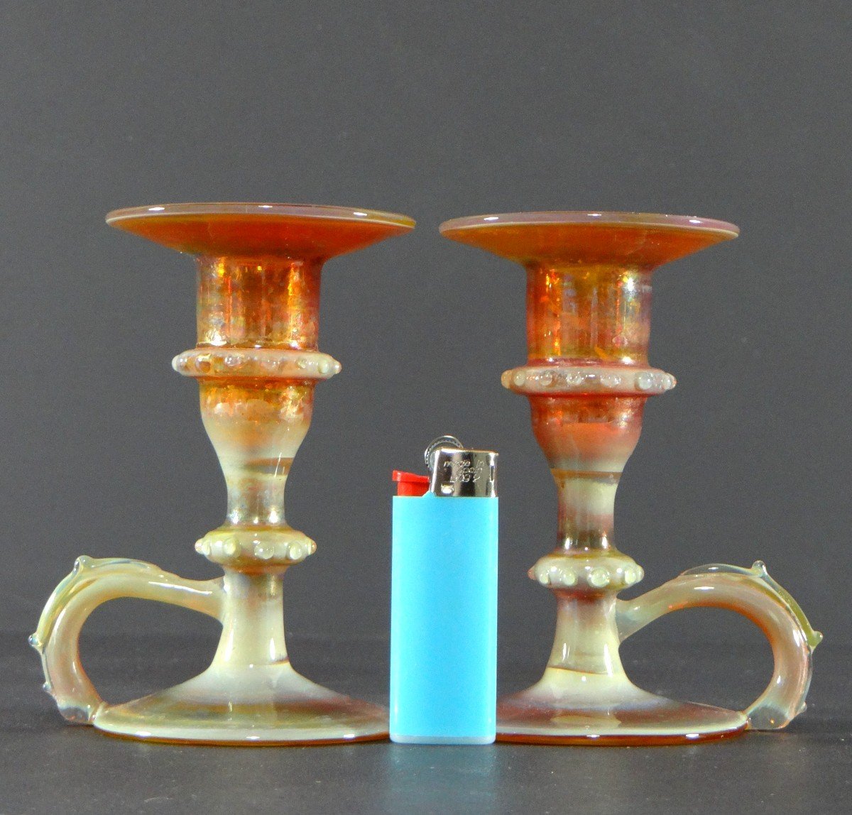 Italy, Most Probably Venice, 1950s, Pair Of Iridescent Blown Glass Candlesticks.-photo-6