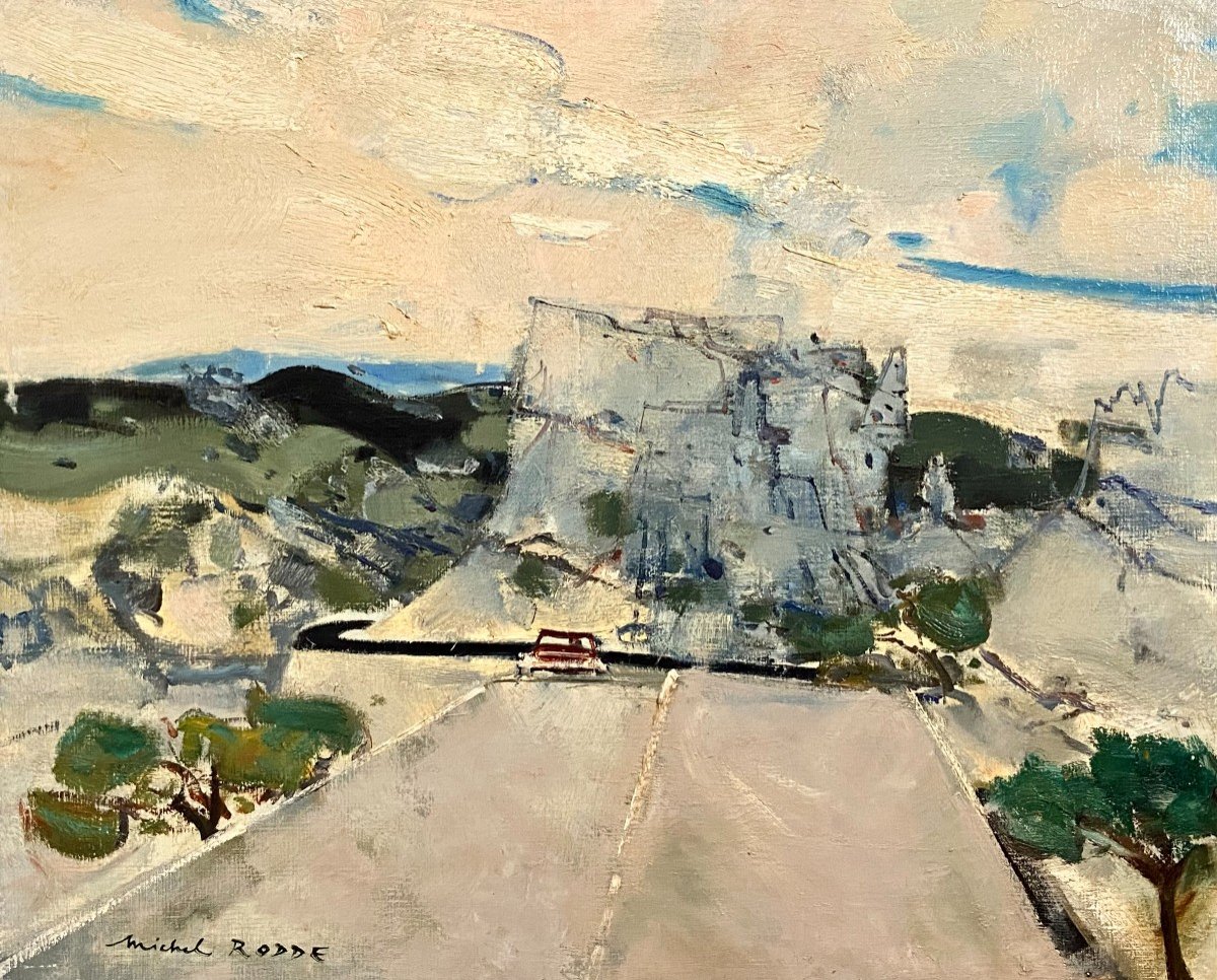 Michel RODDE (1913-2009), tableau paysage de campagne "La route".-photo-3