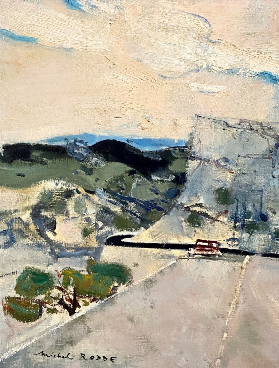 Michel RODDE (1913-2009), tableau paysage de campagne "La route".-photo-4