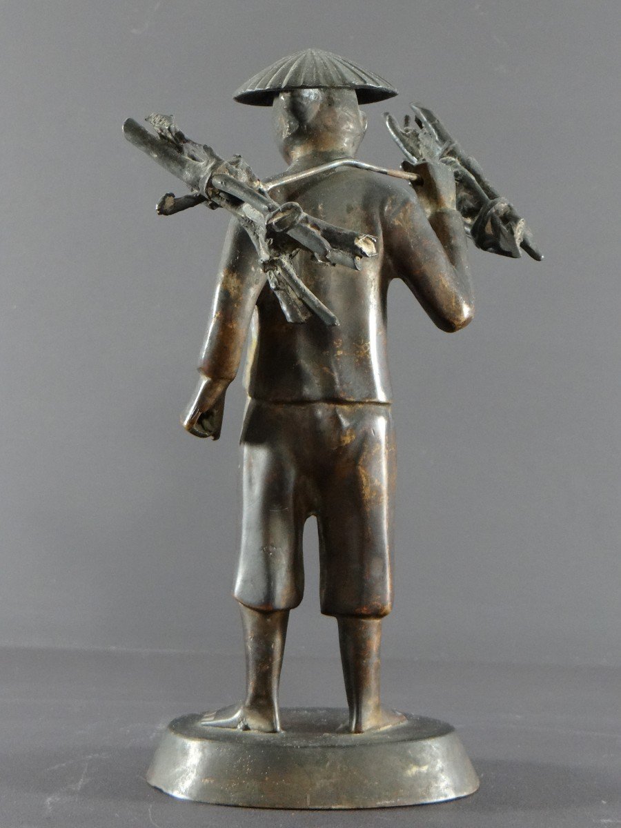 Vietnam, Début Du XXème Siècle, Statuette En Bronze Paysan Porteur De Fagots. -photo-4
