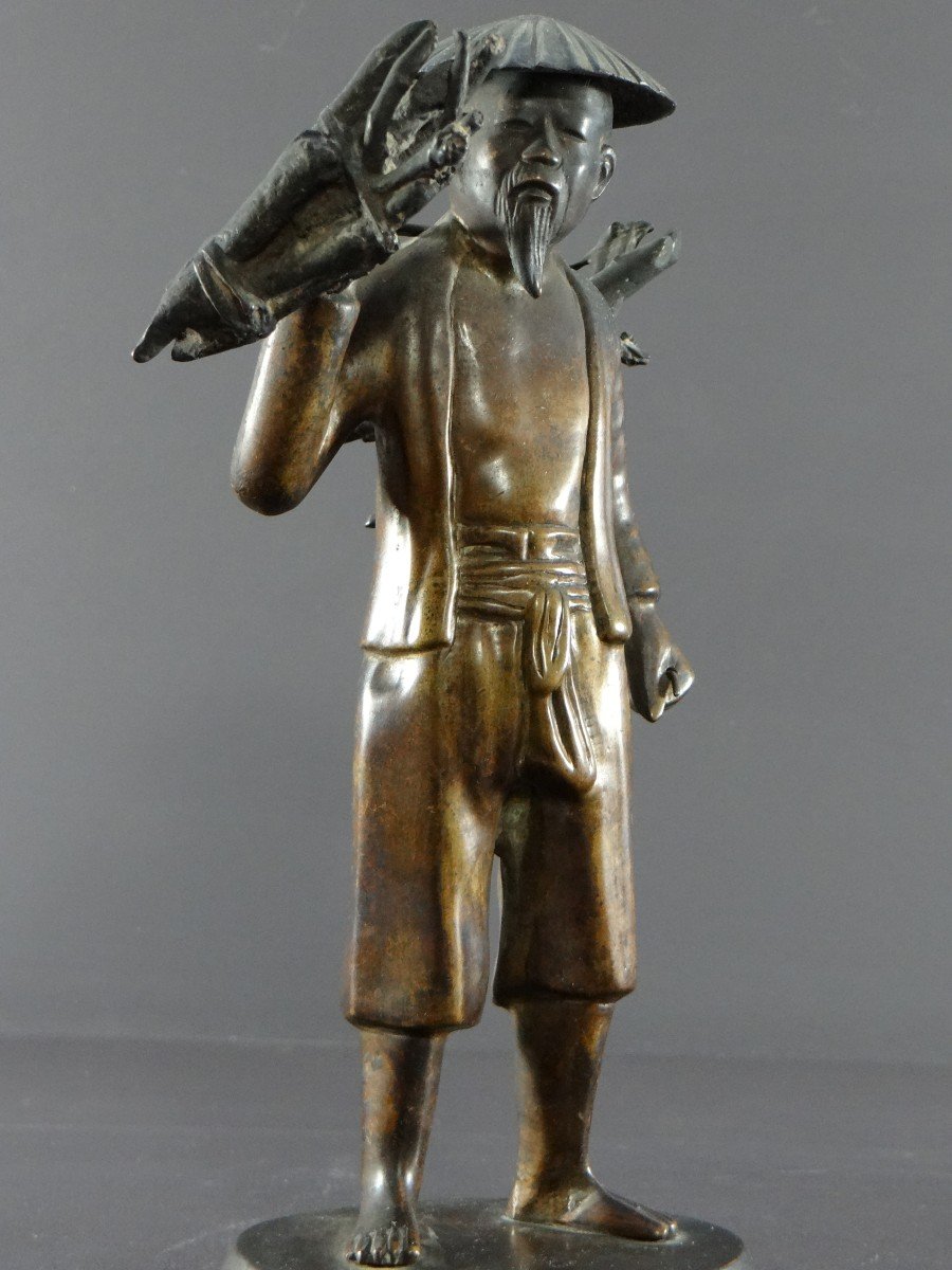 Vietnam, Early 20th Century, Bronze Statuette Peasant Carrying Fagots.-photo-3