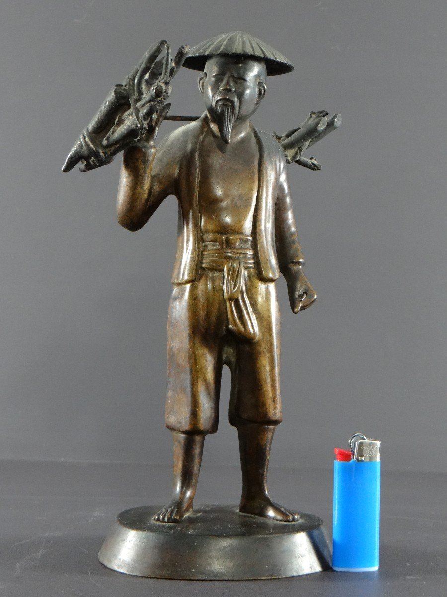 Vietnam, Début Du XXème Siècle, Statuette En Bronze Paysan Porteur De Fagots. -photo-8