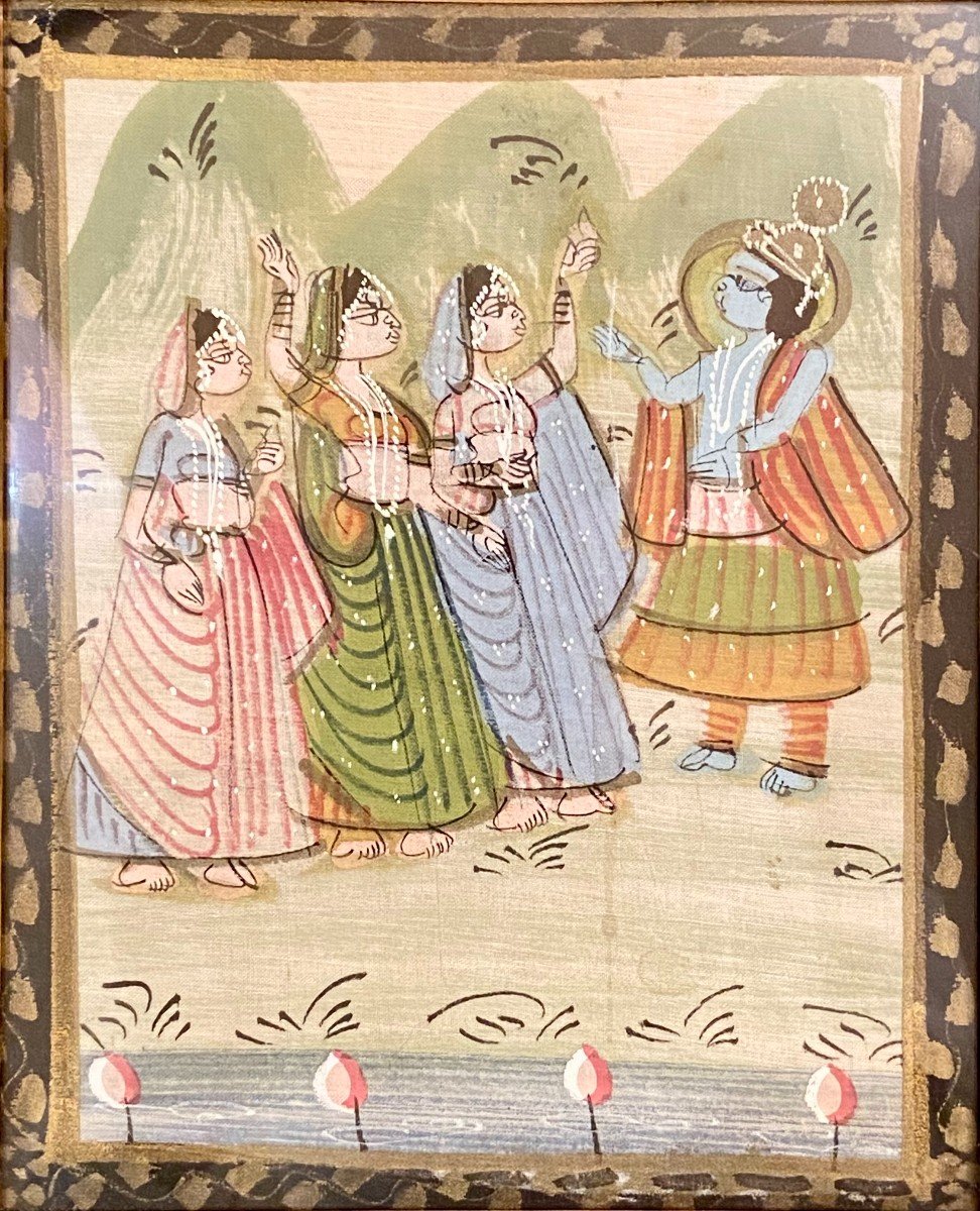 Inde, Première Moitié Du XXème Siècle, Peinture Sur Tissu Vishnou Et Adorantes. -photo-3