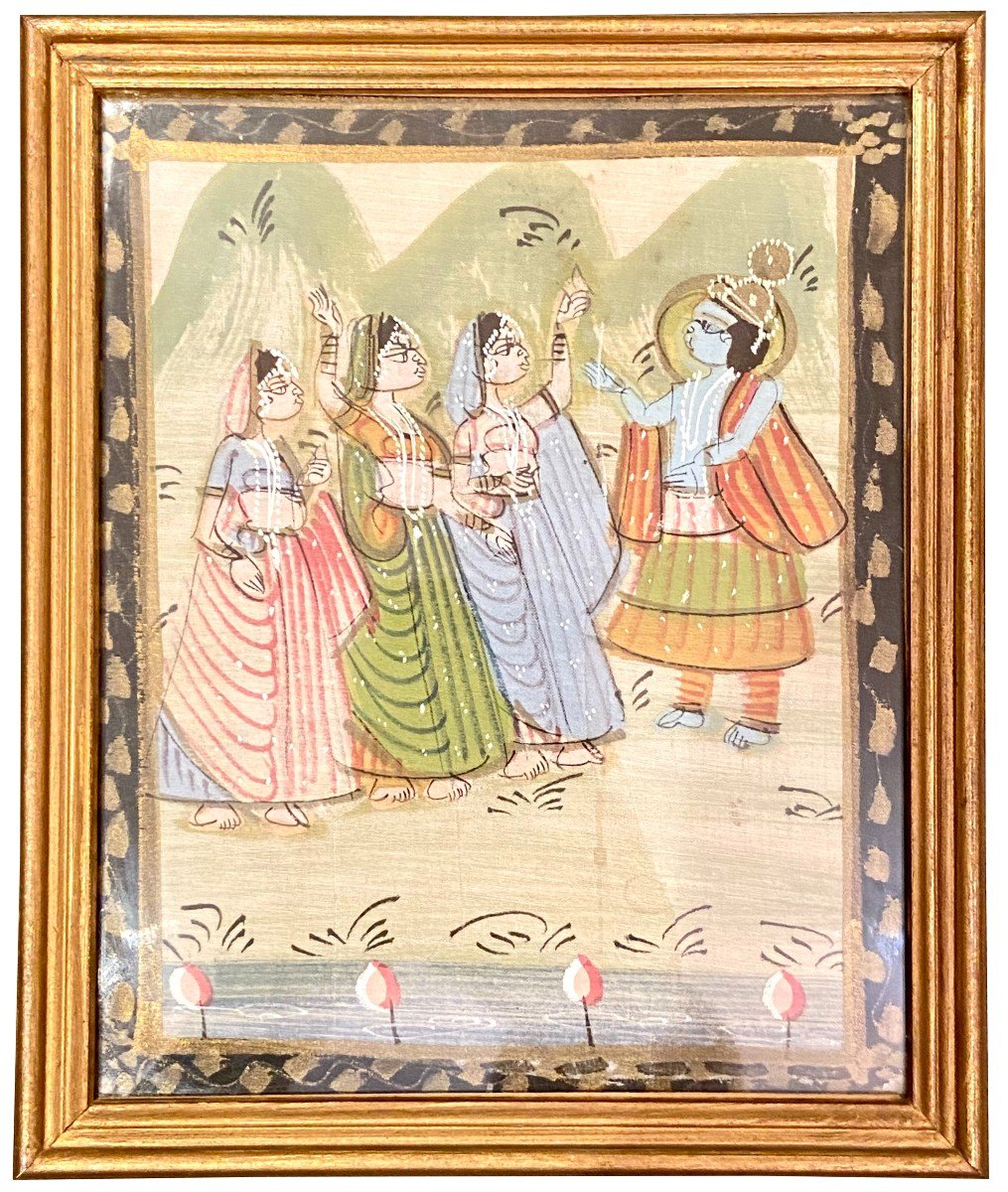 Inde, Première Moitié Du XXème Siècle, Peinture Sur Tissu Vishnou Et Adorantes. 