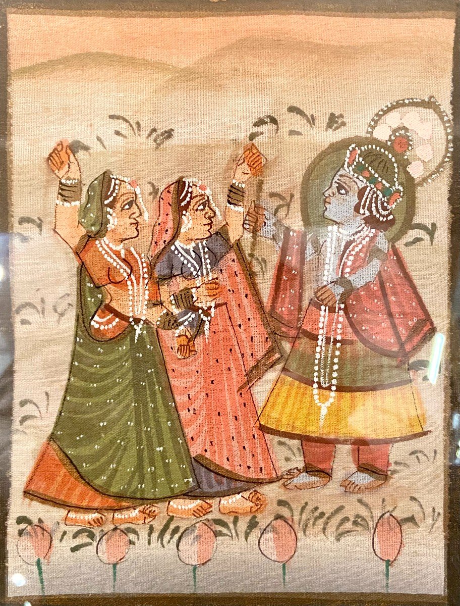 Inde, Première Moitié Du XXème Siècle, Peinture Sur Tissu Vishnou Et Adorantes III-photo-2
