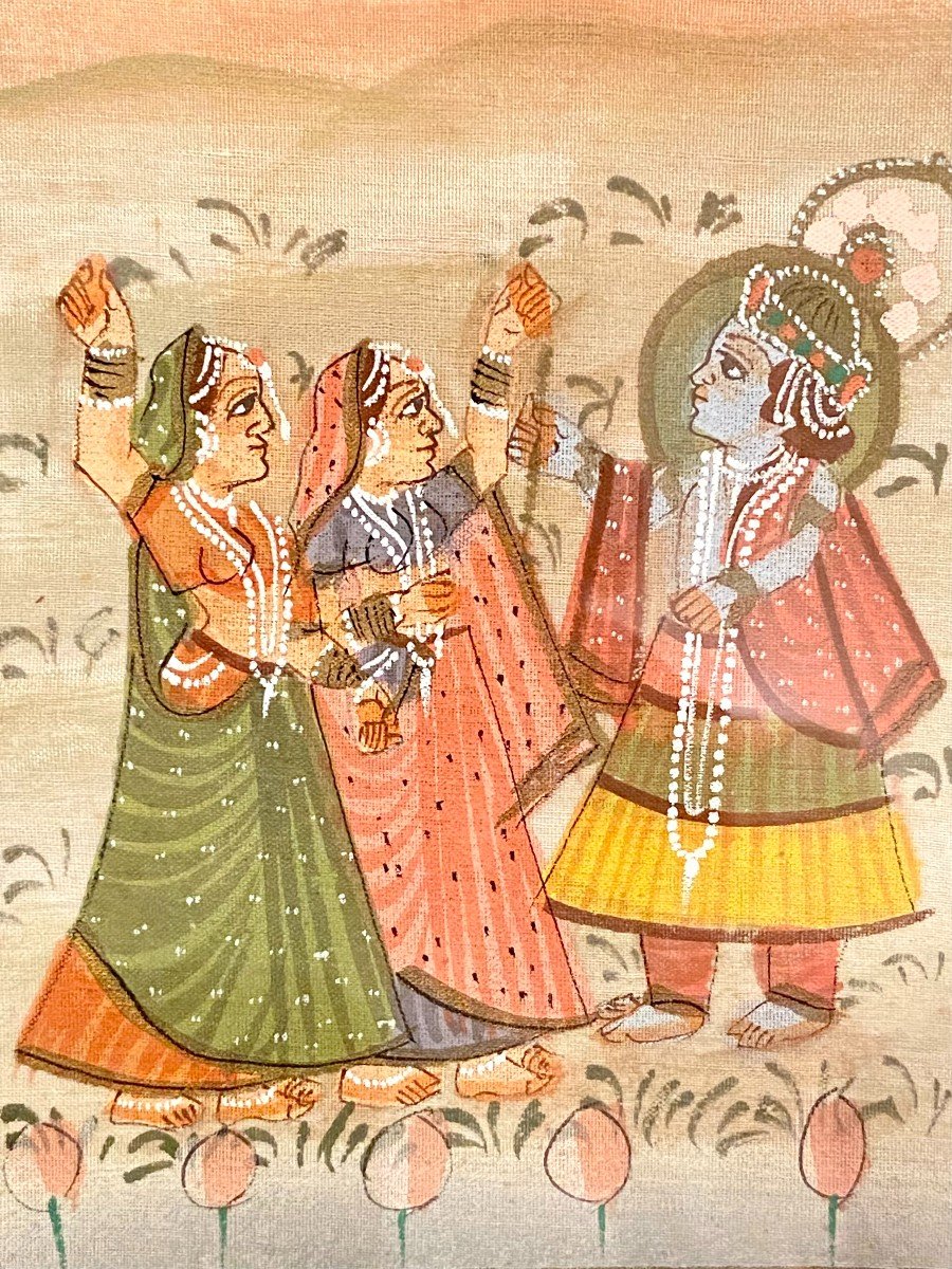 Inde, Première Moitié Du XXème Siècle, Peinture Sur Tissu Vishnou Et Adorantes III-photo-3