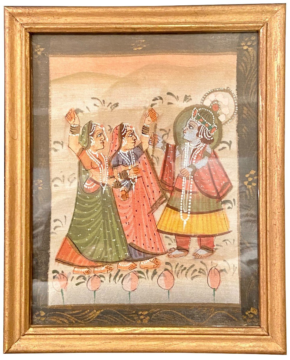 Inde, Première Moitié Du XXème Siècle, Peinture Sur Tissu Vishnou Et Adorantes III