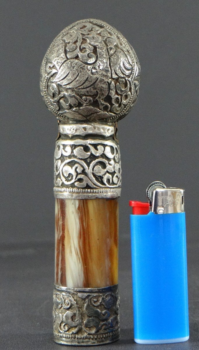 Tibet, Début Du XXème Siècle, Sceau (cachet) En Alliage d'Argent Repoussé Et Corne.-photo-6