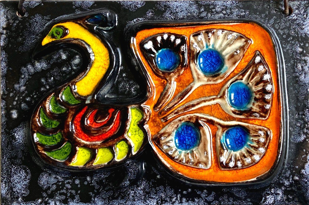 France, Italy Or Germany, Glazed Ceramic Plate Relief Decor Of A Peacock.