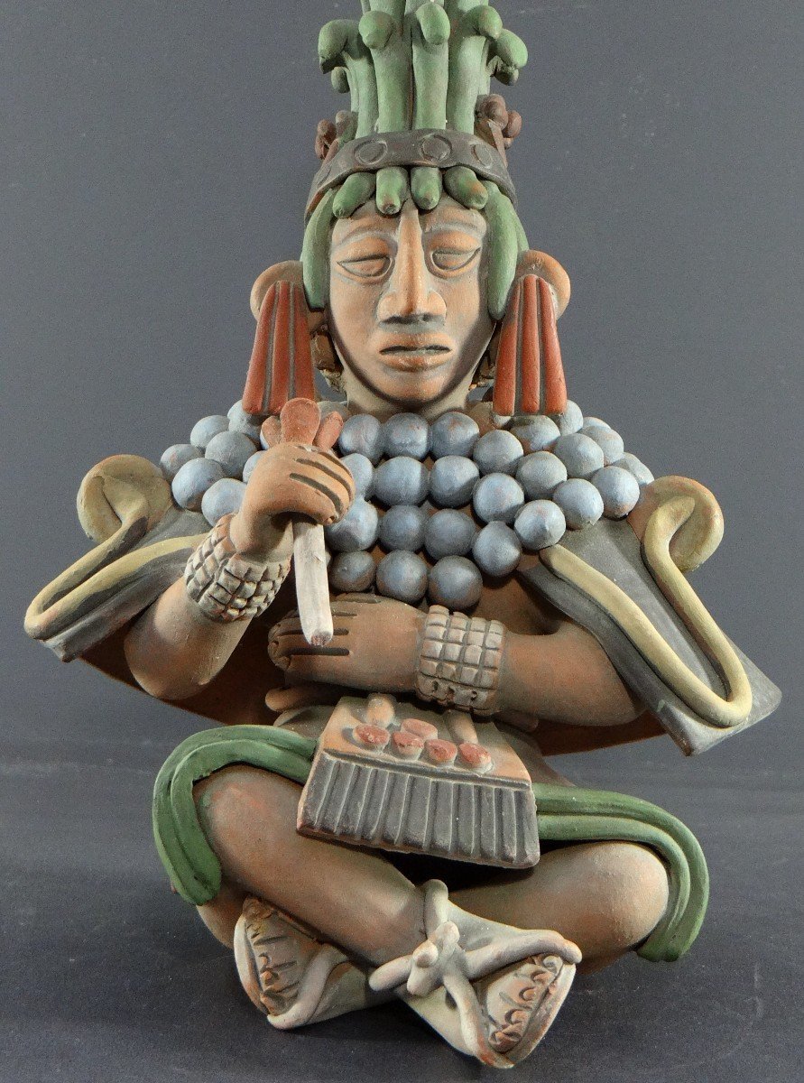 Mexico, 1960s/1970s, Large Statue Of An Aztec God In Polychrome Terracotta.-photo-4
