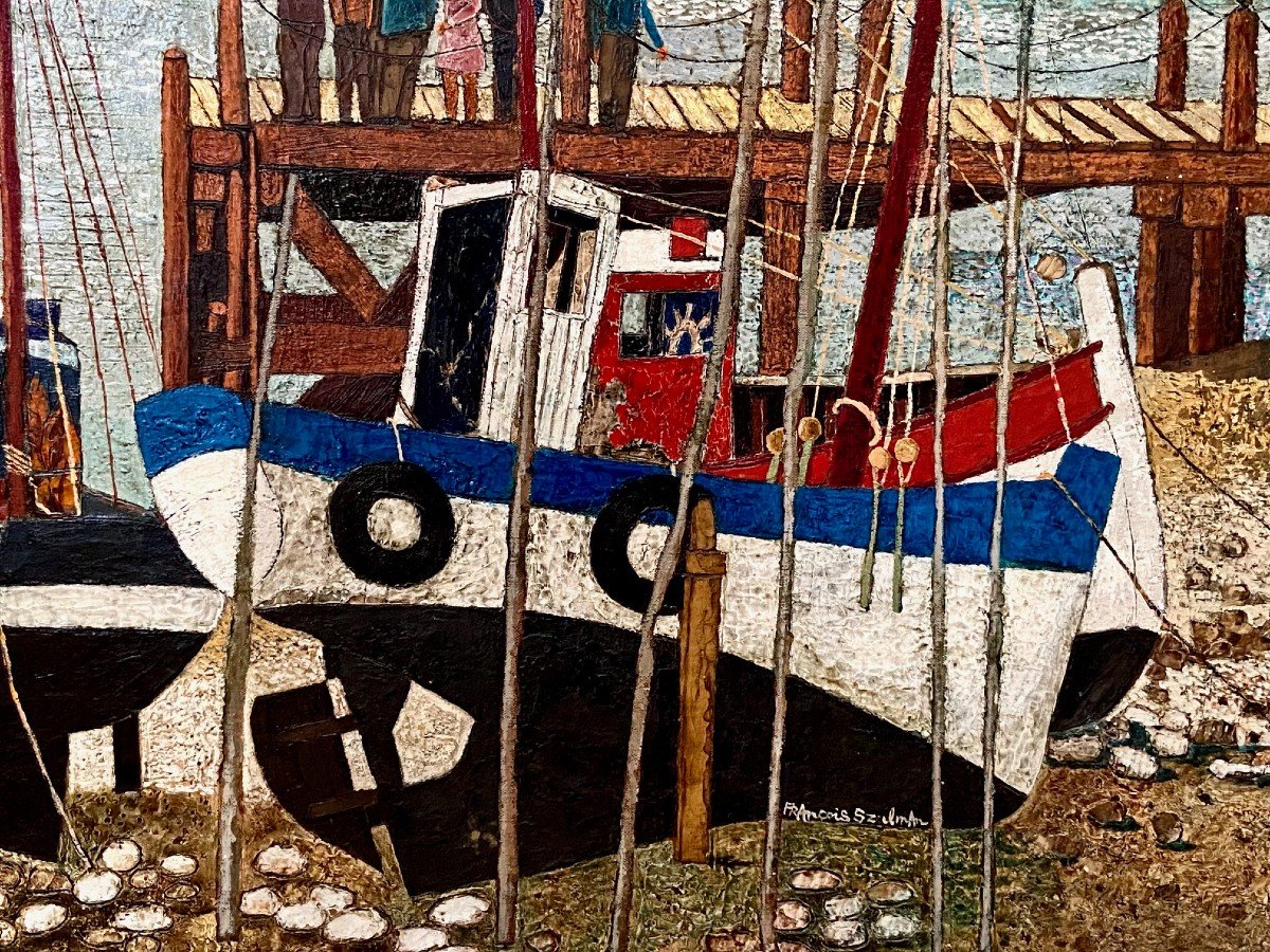 François Szulman (born In 1931), Painting View Of A Fishing Port Dated 1977.-photo-3