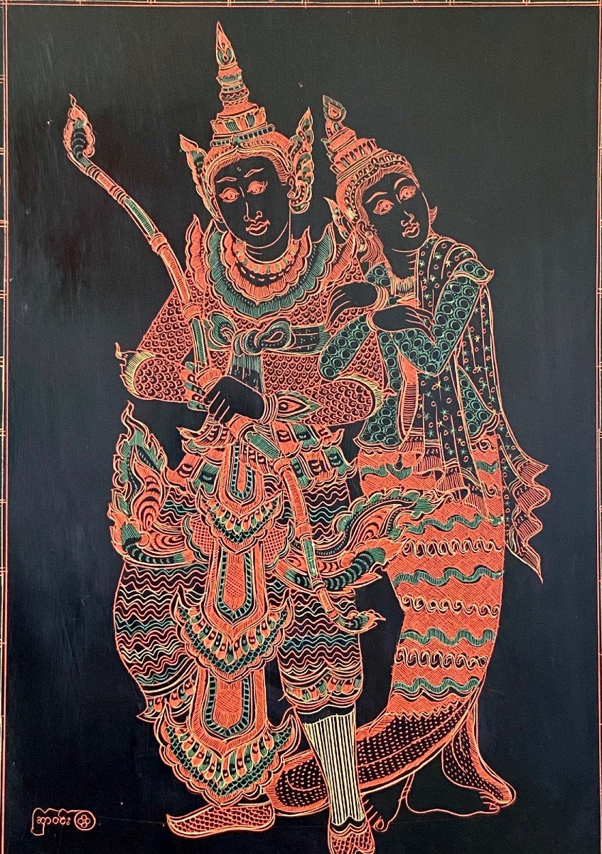 Burma, Mid-20th Century, Lacquer Panel Depicting A Dancer And A Musician.-photo-2