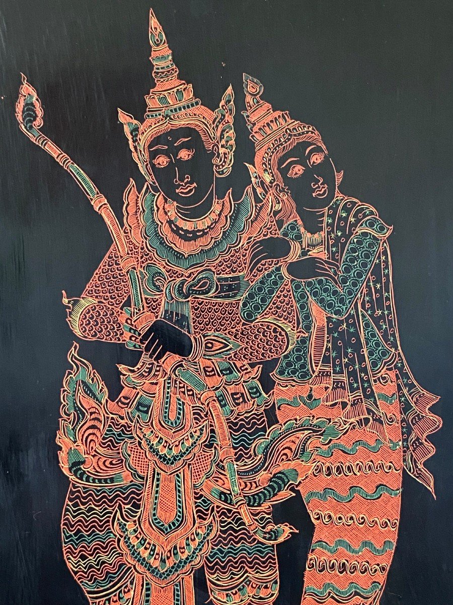 Burma, Mid-20th Century, Lacquer Panel Depicting A Dancer And A Musician.-photo-3