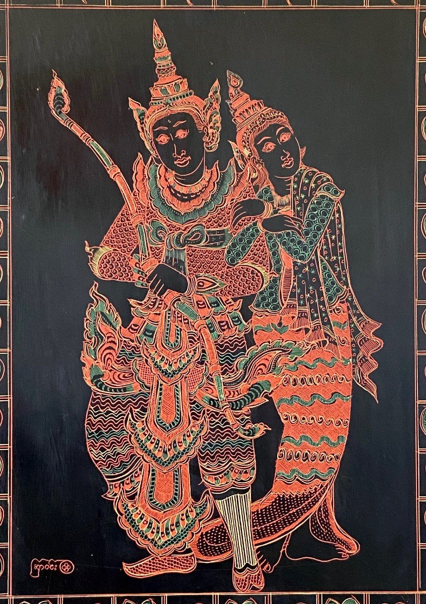 Burma, Mid-20th Century, Lacquer Panel Depicting A Dancer And A Musician.-photo-4