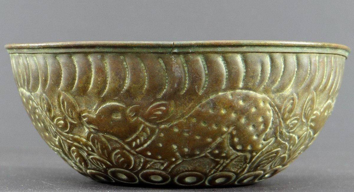 Islamic Art From The Beginning Of The XIXth Century, Hammered Bronze Cup Decor Of Animals And Plants.-photo-3