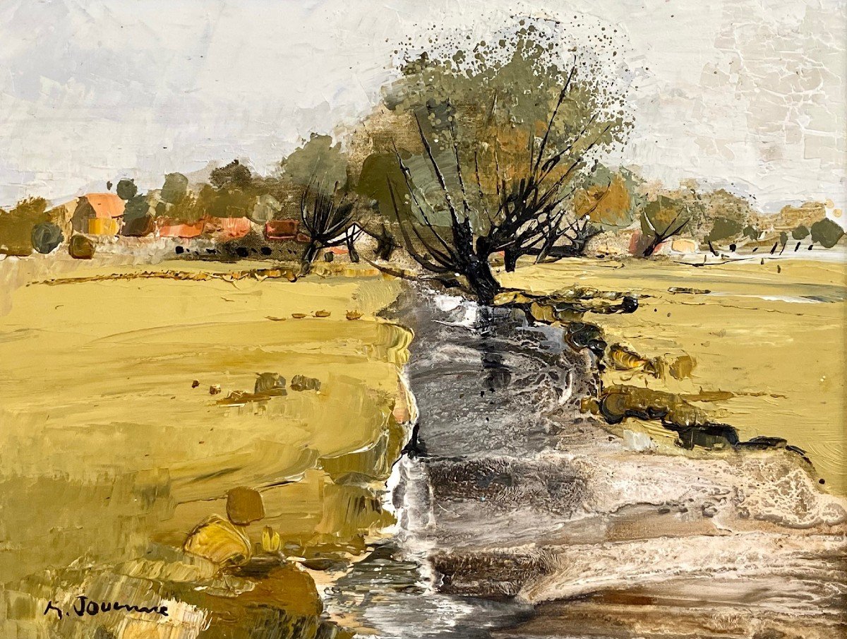 Michel Jouenne (1933-2021), Tableau Vue De Paysage à La Rivière Années 1970/1980. -photo-3