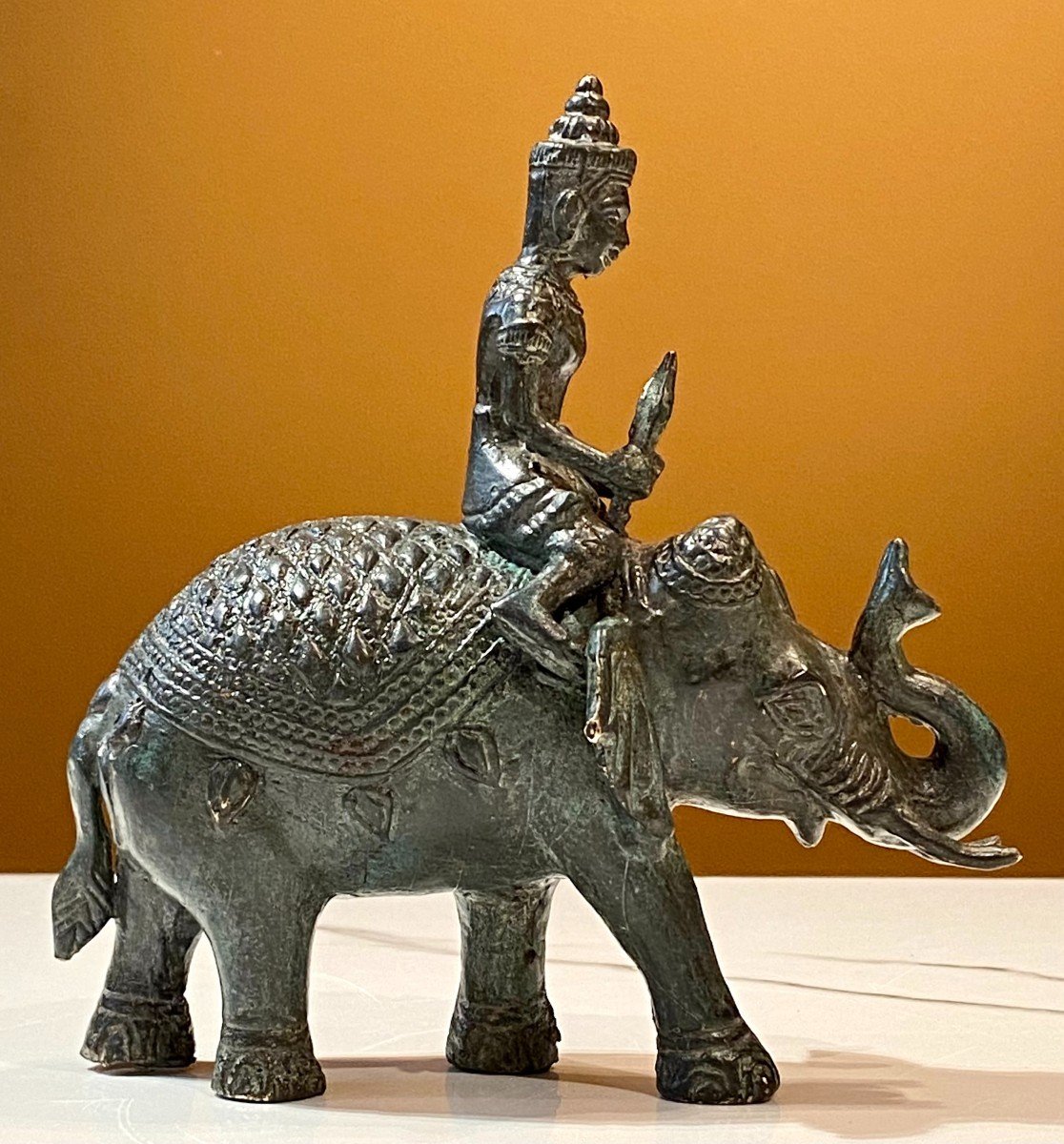 Cambodia, Mid-20th Century, Bronze Figuring A Cornac Soldier Perched On An Elephant.-photo-2