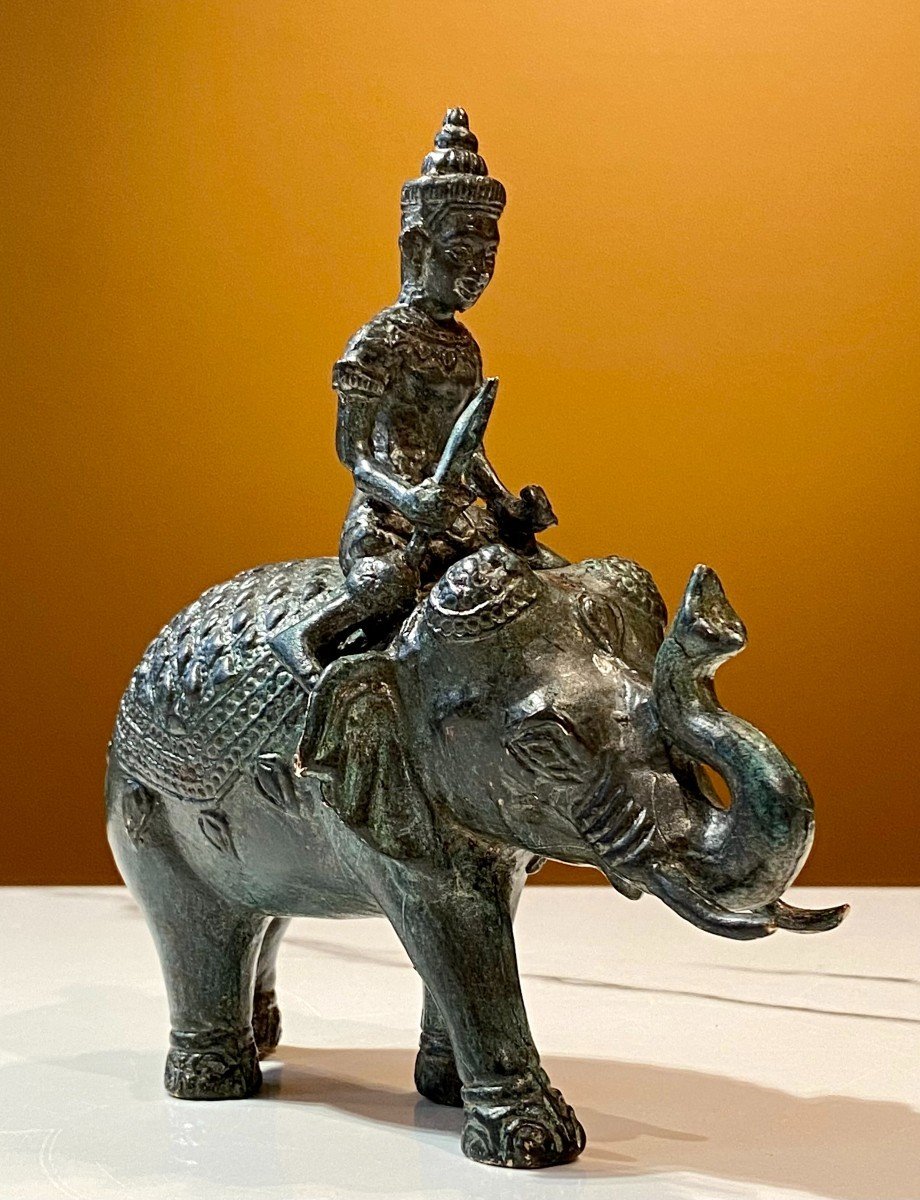 Cambodia, Mid-20th Century, Bronze Figuring A Cornac Soldier Perched On An Elephant.-photo-3